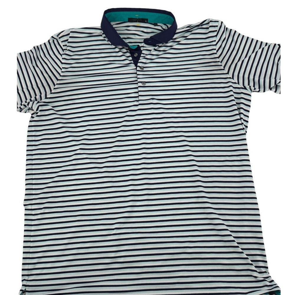 Greyson Polo Shirt Men XL‎ Navy White Aqua Striped Golf Performance Stretchy